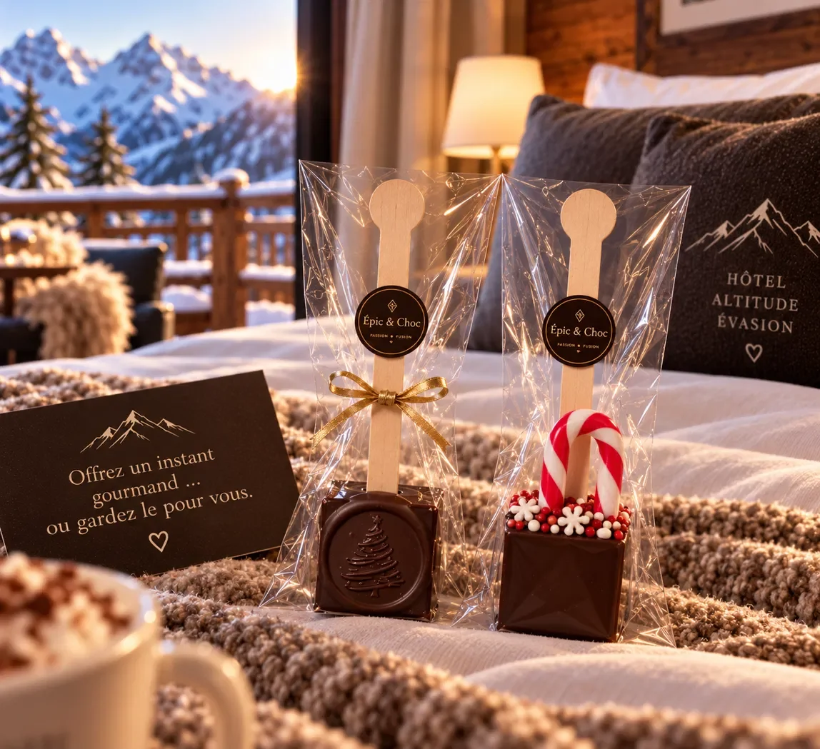Deux touillettes Épic & Choc emballées posées sur un lit, face aux montagnes