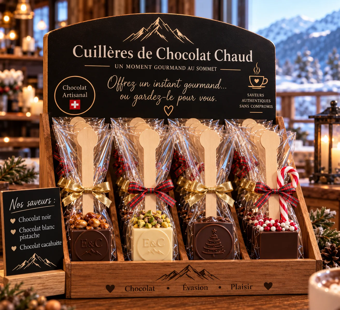 Présentoir en bois garni de touillettes Épic & Choc, cuillères à chocolat chaud emballées