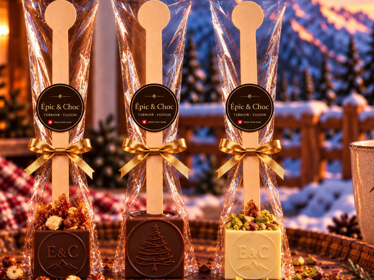 Trois touillettes, cuillères à chocolat chaud Épic & Choc emballées avec un ruban doré, devant les montagnes enneigées
