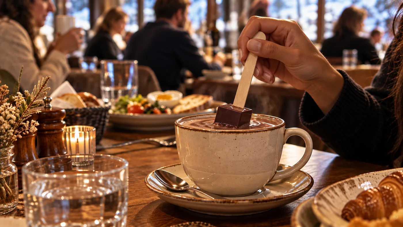 Dans un restaurant, une main plonge une touillette Épic & Choc dans une tasse de lait chaud