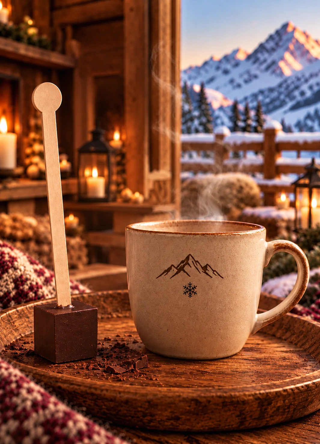 Une touillette Épic & Choc non emballée à côté d'une tasse fumante